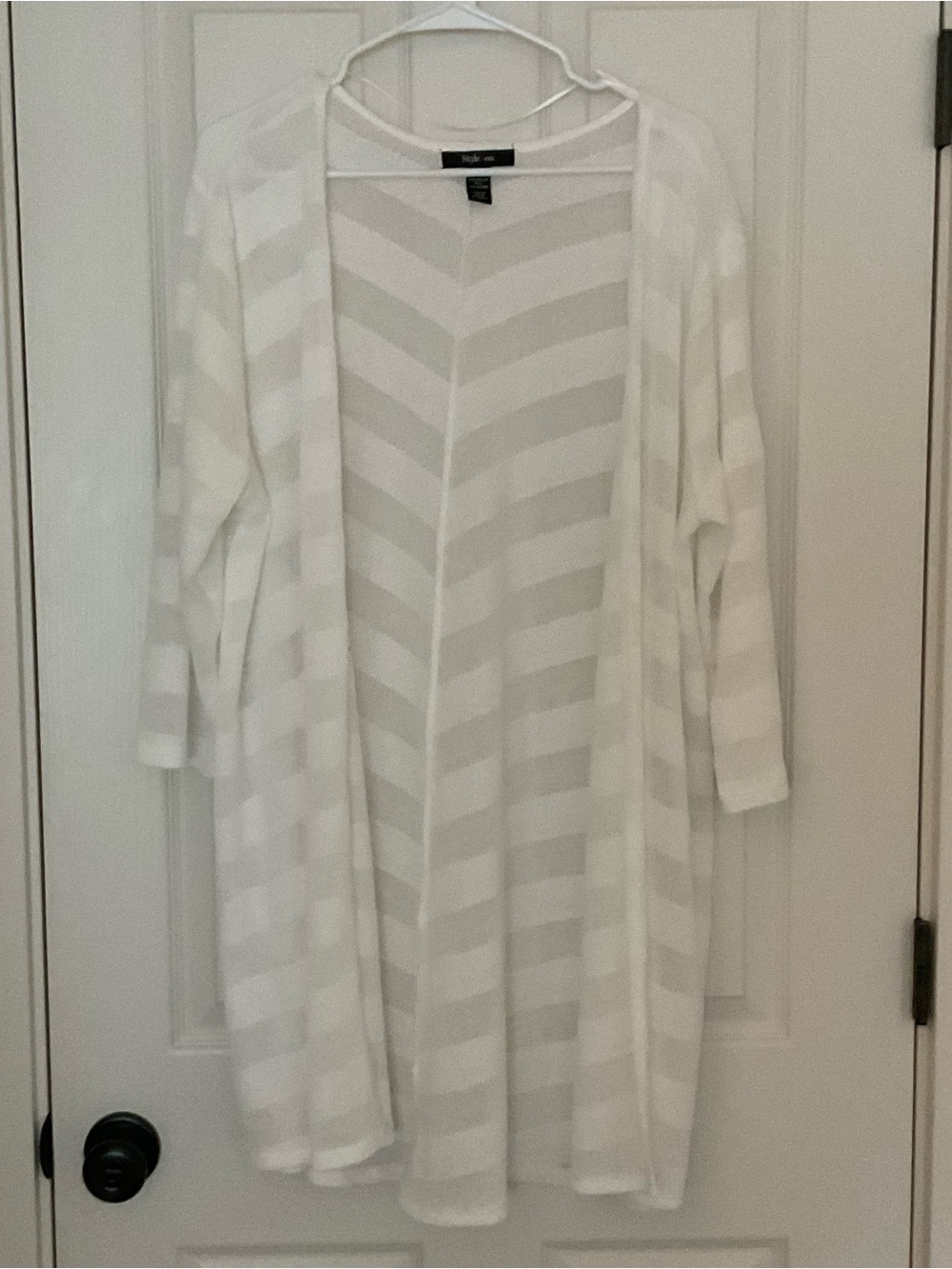 Style & Co. White Open-Front Striped Long Cardigan